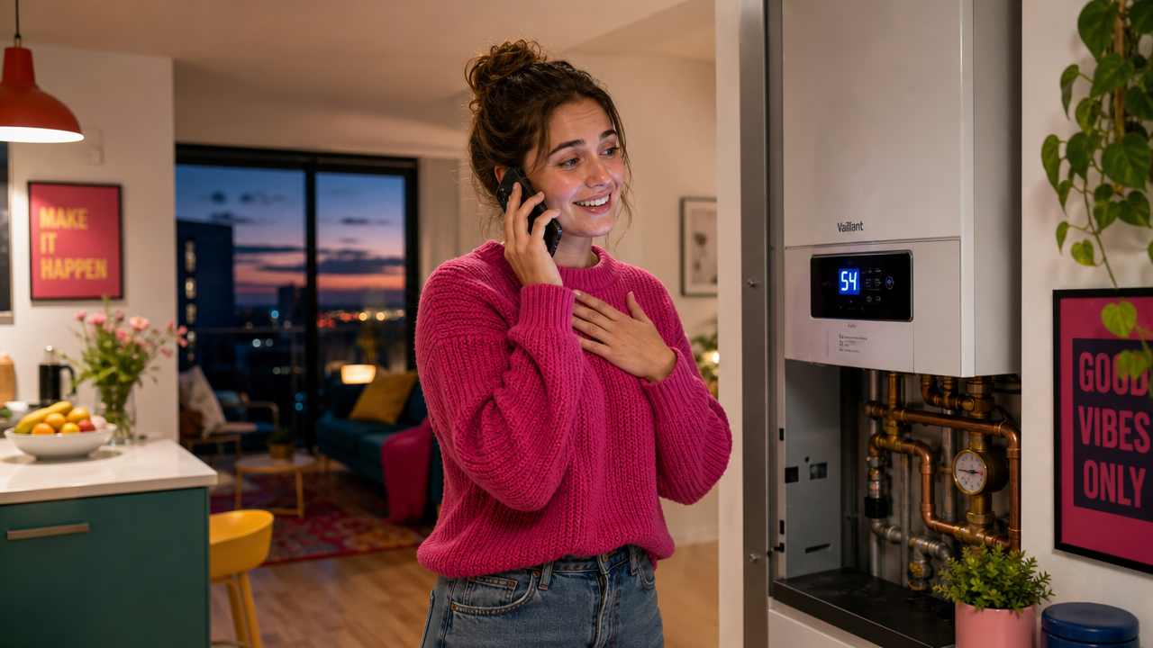 Customer at home, mid-call, in front of her boiler, looking relieved.