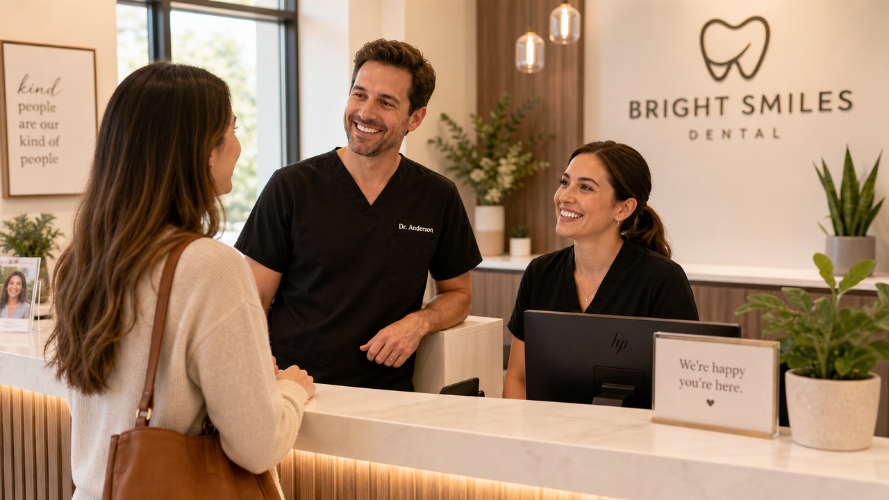 Dental receptionist greeting a patient at the front desk.