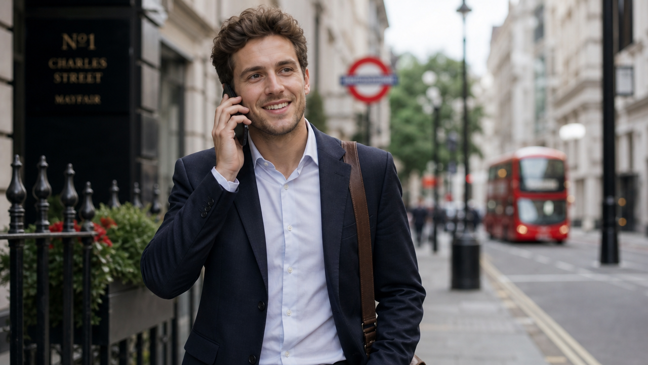 A customer on a London street making a booking call.