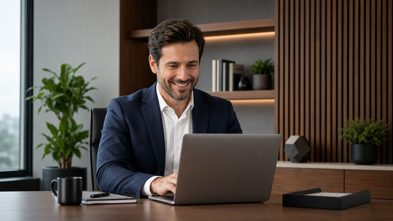 Operations manager at a desk reviewing drafted email replies on a laptop.