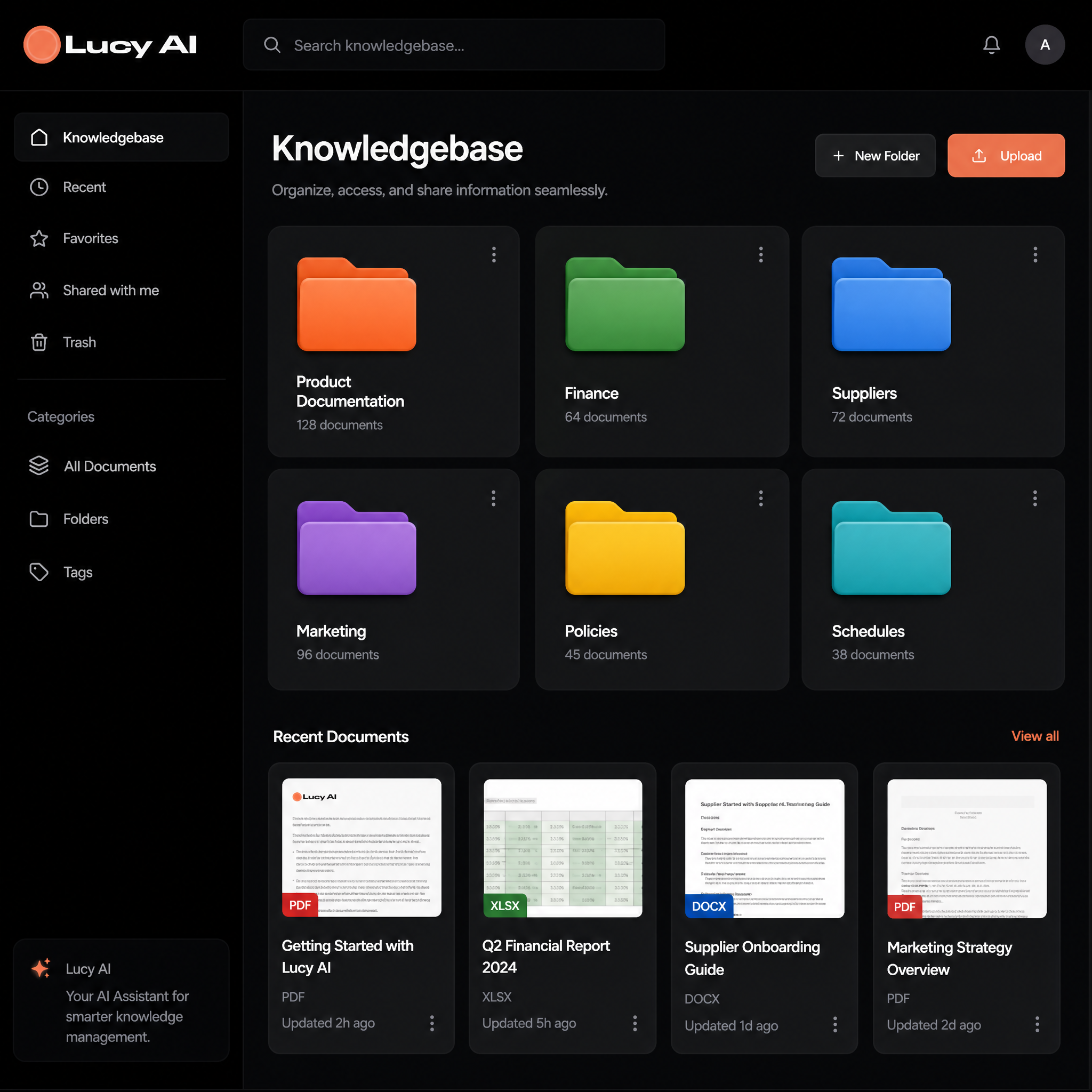 Lucy AI answering a customer question from a business knowledge base with the source cited.