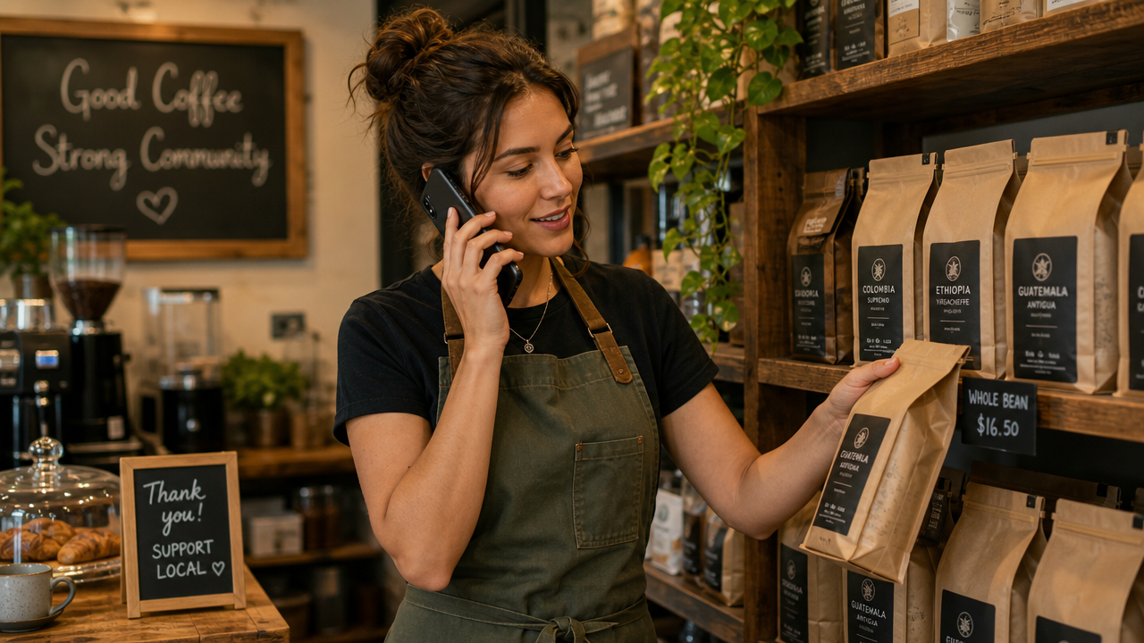 Coffee shop staff member, on the phone, checking the bean shelf in store.