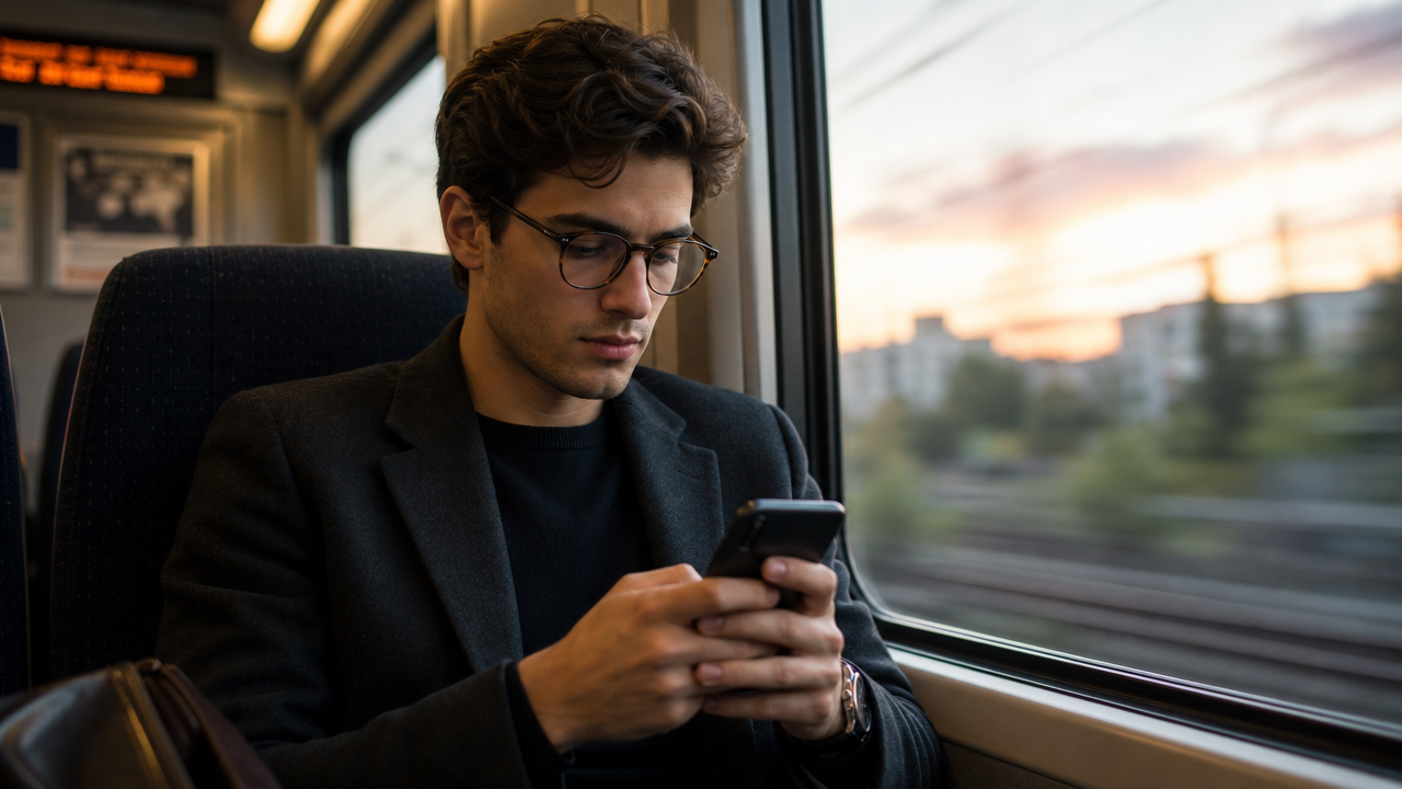 Customer on an evening commute reading a DM reply on their phone.